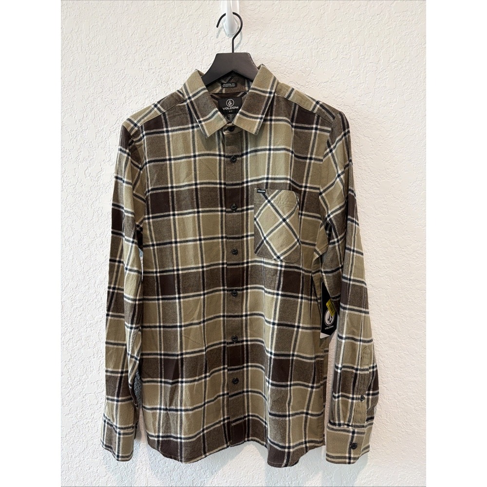 Volcom NWT Plaid Flannel Fall Modern Fit Men's Size Medium Brown Khaki
